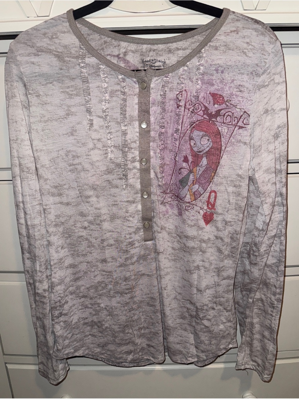 Disney Sally Nightmare Before
Christmas Ruffle Henley Top Grey Sz Large NWOT
